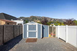 View of shed featuring a mountain view