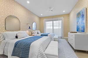 Bedroom with recessed lighting, wallpapered walls, and ceiling fan