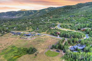 Aerial view at dusk of a mountain view and a view of trees