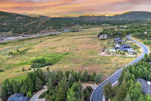 Aerial view at dusk of a mountain view