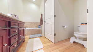 Full bathroom featuring vanity, a bath, and light wood-style flooring
