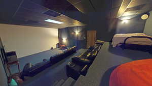 Carpeted cinema with a drop ceiling