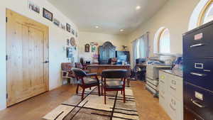 Home office with recessed lighting and light tile patterned flooring