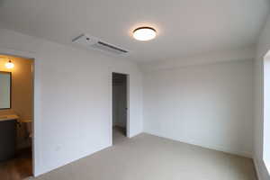 Unfurnished bedroom featuring light colored carpet and a spacious closet