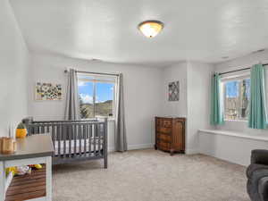 Bedroom featuring a nursery area, light colored carpet, and multiple windows