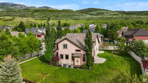 Aerial view of residential area with a mountain backdrop