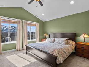 Bedroom featuring carpet flooring, recessed lighting, lofted ceiling, and ceiling fan