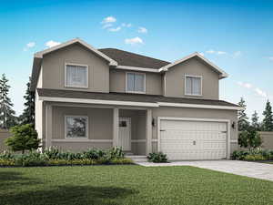 Traditional-style house featuring a porch, stucco siding, decorative driveway, an attached garage, and a shingled roof