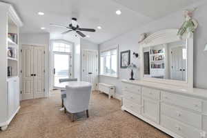 Bathroom featuring a textured ceiling, vaulted ceiling, a closet, a ceiling fan, and recessed lighting