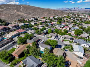 Aerial view of residential area with mountains
