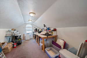 Carpeted office space with a textured ceiling and lofted ceiling