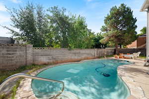 View of pool featuring a patio and a fenced backyard