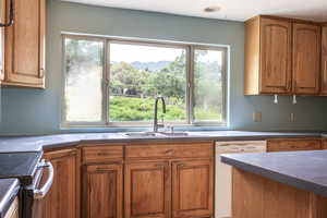 Kitchen featuring brown cabinets, plenty of natural light, and white dishwasher
