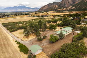 Overview of rural landscape with a mountain backdrop