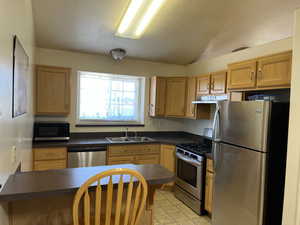 Kitchen featuring dark countertops, appliances with stainless steel finishes, a textured ceiling, a peninsula, and under cabinet range hood