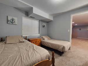 Basement bedroom with large pantry area off of it for extra storage.