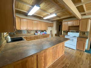 Kitchen with white electric range, light wood-style floors, a peninsula, light brown cabinets, and a wooden ceiling with exposed beams