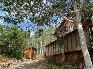 View of yard with a storage unit