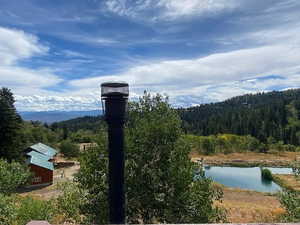 View of mountain backdrop featuring a forest and a large body of water