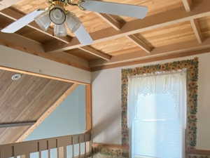 Bonus room with wooden ceiling, carpet flooring, ceiling fan, and a wainscoted wall