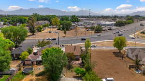 Aerial view of residential area with mountains