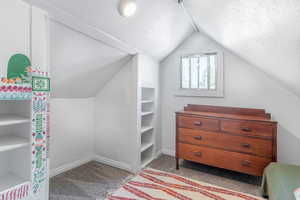 Additional living space featuring a textured ceiling, carpet flooring, and vaulted ceiling