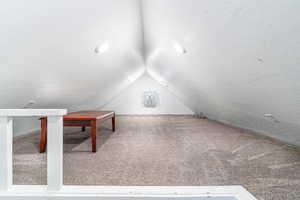 Bonus room featuring carpet, lofted ceiling, and a textured ceiling