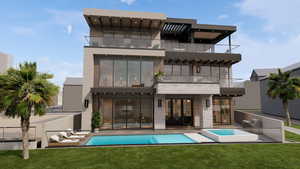 Rear view of house featuring a balcony, a lawn, stucco siding, a pool with connected hot tub, and a patio area