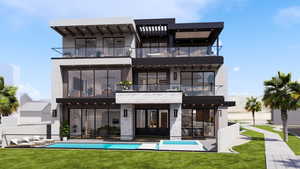 Back of house featuring a balcony, an outdoor pool, a lawn, and a patio area
