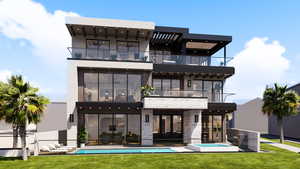 Rear view of property featuring a balcony, an outdoor pool, and a lawn