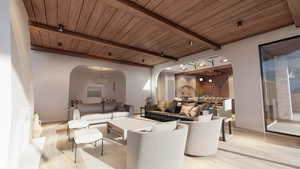 Living room featuring arched walkways, a wooden ceiling with exposed beams, and light wood-type flooring