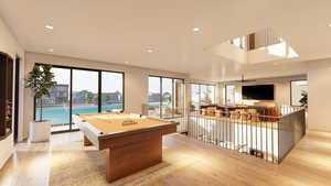 Rec room with light wood-style flooring, recessed lighting, and billiards