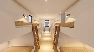 Corridor featuring recessed lighting and light carpet