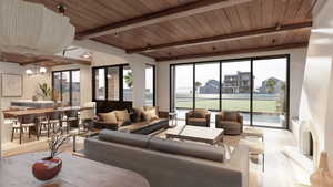 Living area with wood finished floors and a wooden ceiling with exposed beams