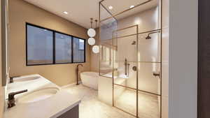 Full bathroom featuring a walk in shower, a soaking tub, double vanity, and recessed lighting