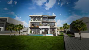 Back of property featuring a balcony, a patio, and stucco siding