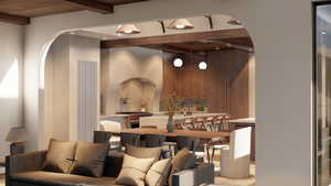 Bar area featuring light countertops, decorative light fixtures, brown cabinets, arched walkways, and a wood ceiling with exposed beams