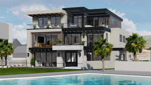 Rear view of property with a balcony, an outdoor pool, stone siding, and stucco siding