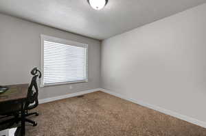 Carpeted office space with baseboards and a textured ceiling