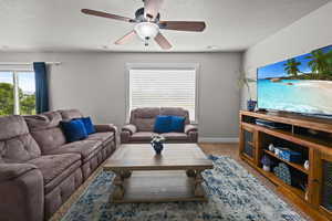 Living area with carpet floors, plenty of natural light, a textured ceiling, and a ceiling fan
