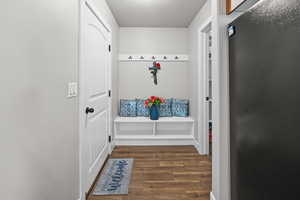 Mudroom featuring dark wood finished floors