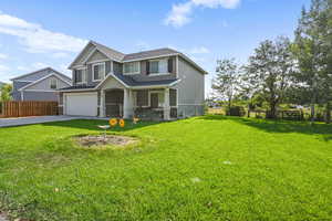 Craftsman-style home featuring concrete driveway, an attached garage, roof with shingles, and a porch
