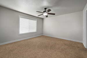 Spare room featuring carpet flooring, a textured ceiling, and a ceiling fan