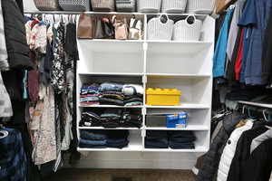 Spacious walk in closet with carpet