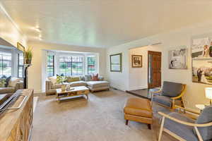 Living room with crown molding, a textured ceiling, and carpet floors