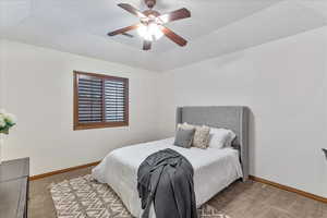Bedroom featuring ceiling fan, carpet floors, and a raised ceiling