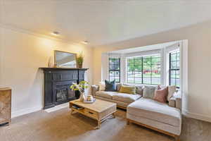 Living room with ornamental molding, carpet floors, a fireplace with flush hearth, healthy amount of natural light, and a textured ceiling