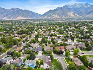 Aerial perspective of suburban area with mountains