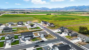 Aerial view of residential area with a mountain backdrop