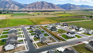 Aerial perspective of suburban area with a mountain backdrop